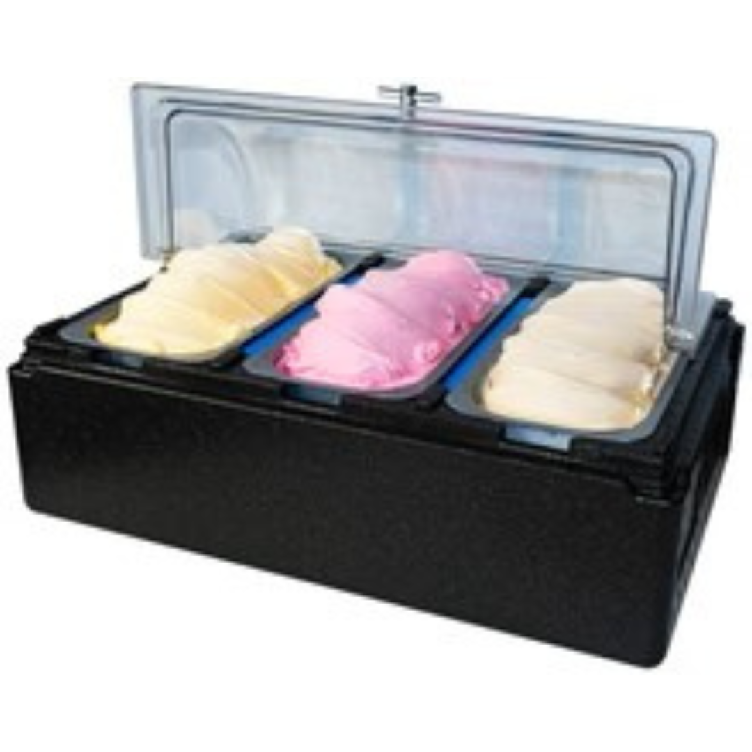 Enfriador y portador de helado para bandejas de 3 a 5 litros con 2 placas FB (con cubierta enrollable)